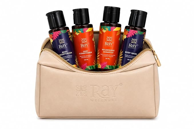 Travel Toiletry Kit with Premium Cosmetic Bag | Shampoo, Conditioner, Body Wash & Body Lotion (30ml Each) | Leakproof Travel Essentials