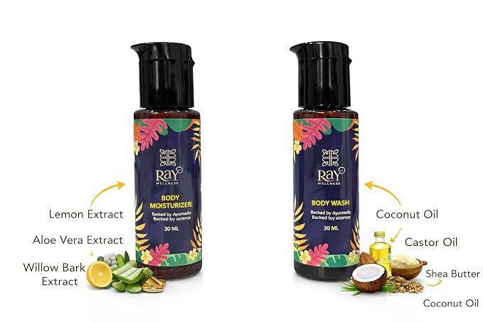 Travel Toiletry Kit with Premium Cosmetic Bag | Shampoo, Conditioner, Body Wash & Body Lotion (30ml Each) | Leakproof Travel Essentials